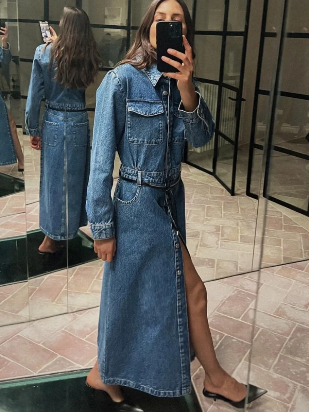 Zara Denim Midi Dress NWT Long Sleeve Stampede Rodeo Size Small - Picture 2 of 10